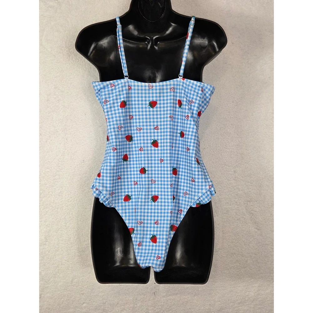 Womens Strawberry Heart Print One Piece Swimsuit L Tie‎ Front Ruffle Beach